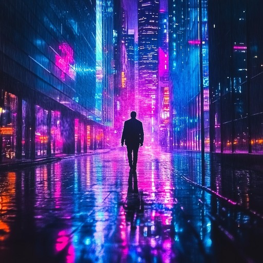 An instrumental synthwave track that evokes introspection and nostalgia, taking listeners on a journey through a futuristic neon lit metropolis at night, blending melancholic melodies with atmospheric synthesizers.