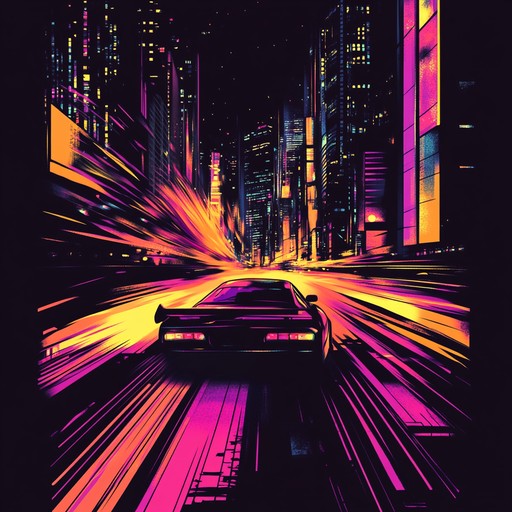 A pulsating track blending dance rhythms and electric guitar riffs, capturing the excitement of a high speed chase through neon lit city streets.