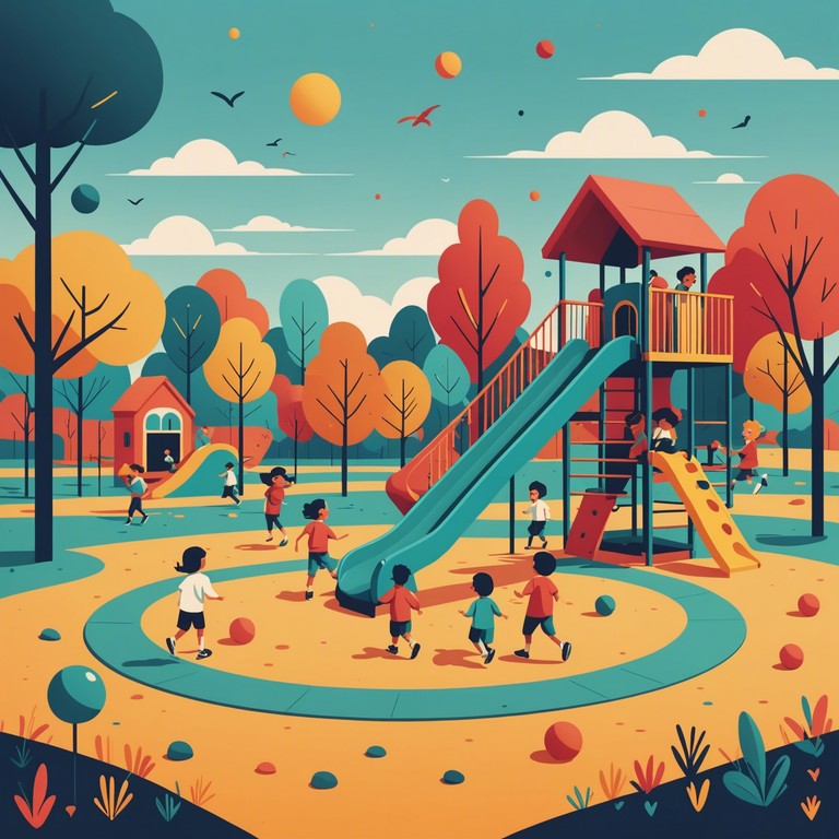 This track encapsulates a vivid scene of children playing in a brightly lit playground, with upbeat and cheerful melodies that bring out the joy and innocence of childhood. The use of a light and playful xylophone complements the spirited energy of kids at play.