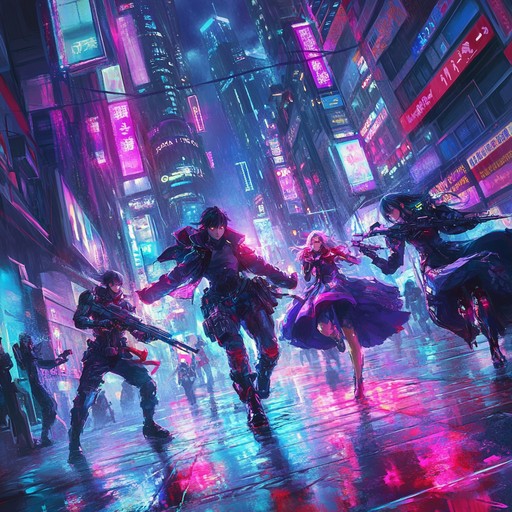 In a bustling cyberpunk city, the neon lights reflect off the slick streets as characters engage in dynamic battles. This instrumental track combines funky basslines, vibrant synths, and tight drum patterns, infusing the scene with an electrifying energy. Perfect for intense action sequences or dance offs in an anime world, the music drives forward with a contagious rhythm, capturing the essence of futuristic fun and excitement.