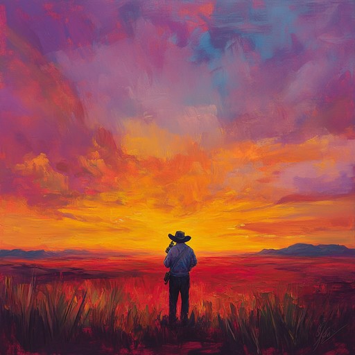 A haunting melody rich with nostalgia and open spaces, evoking the solitude and heartache of a cowboy wandering through desolate landscapes, reflecting on lost love and deserted towns amidst the burning sunset of the american west