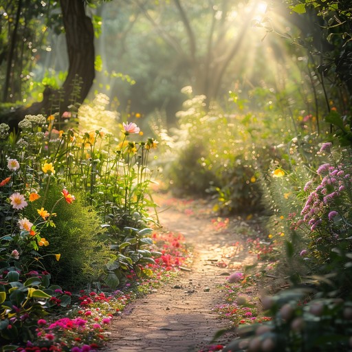 Envision a tranquil stroll through a garden pathway under a gentle morning sun. The delicate sounds of nature surround you as the soothing music guides you through a peaceful retreat, allowing your mind to relax and reflect.