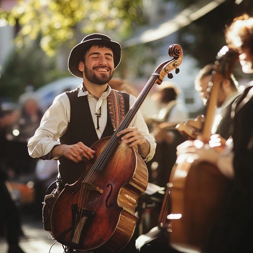 Immerse in an upbeat, lively klezmer ensemble, capturing the essence of joyous celebration with infectious rhythms and exuberant melodies that evoke a sense of community and festivity