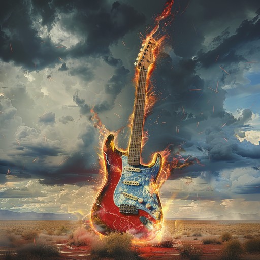 A hard rock anthem reminiscent of a roaring tempest in an endless desert. Power chords clash with thunderous drums, evoking the raw energy of lightning striking the sands. Unrelenting riffs and dynamic rhythms surge forward, painting an electrifying sonic portrait of epic journeys and desolate horizons.