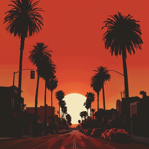 Imagine cruising down the iconic sunset boulevard as the day transitions to night, with shades of orange and pink lighting up the sky, while a blend of soft electric guitar riffs and smooth bass lines create a laid-back but groovy soundtrack to complement the vibe of the city.