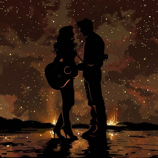 A delicate interweaving of serene acoustic guitar harmonies and rhythmic stomps, casting a timeless melody of true love under a starlit sky. The crescendo of emotions symbolizes an intimate embrace in the midnight air.