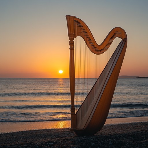 An instrumental track featuring the delicate plucking of harp strings, weaving a tapestry of sound that mirrors the tranquil movement of water under the fading light of day. The piece invites listeners to peaceful introspection and a sense of serenity.