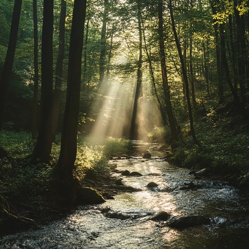 An instrumental piece capturing the tranquility of a forest brook, using soft piano and ambient sounds to evoke serenity and peace.