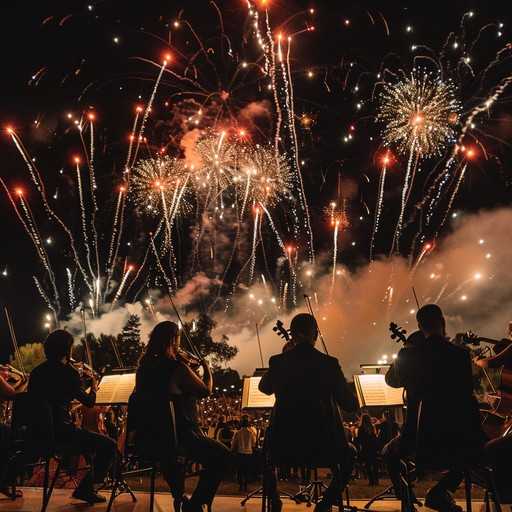 Create a festive symphonic experience with layers of orchestration, capturing the excitement and grandeur of holiday fireworks. The dynamic composition should build up to a dramatic climax, featuring intense crescendos and joyous melodies to evoke a sense of celebration and unity under the night sky lit by colorful explosions.