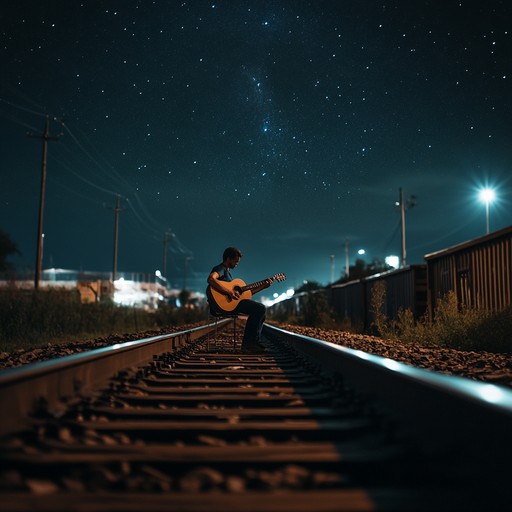 An emotional blues rock track featuring soulful guitar melodies that capture the loneliness of a midnight train journey through vast, empty landscapes