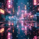 a tranquil melody amidst bustling futuristic neon cityscape