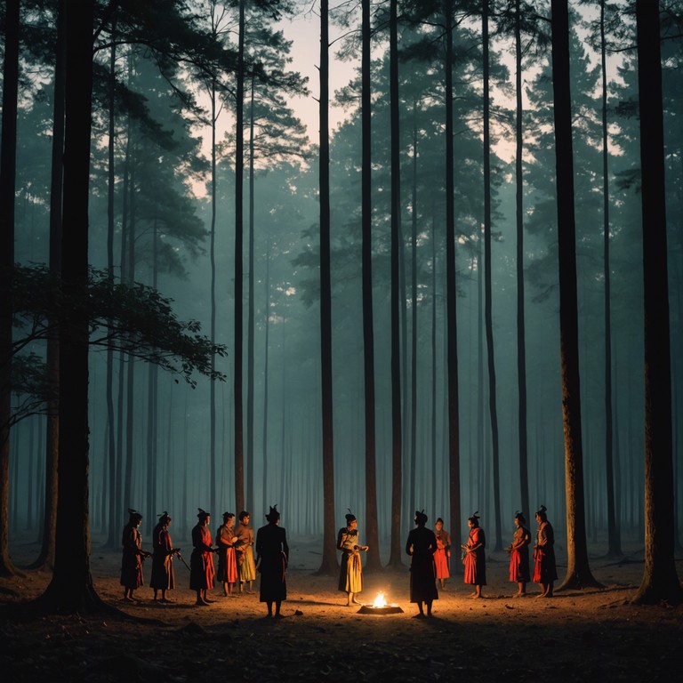 Experience the stimulation of an exuberant tribal dance ceremony in a forest setting through rhythmic djembe beats and natural sounds, emphasizing the interconnectedness of nature and culture.