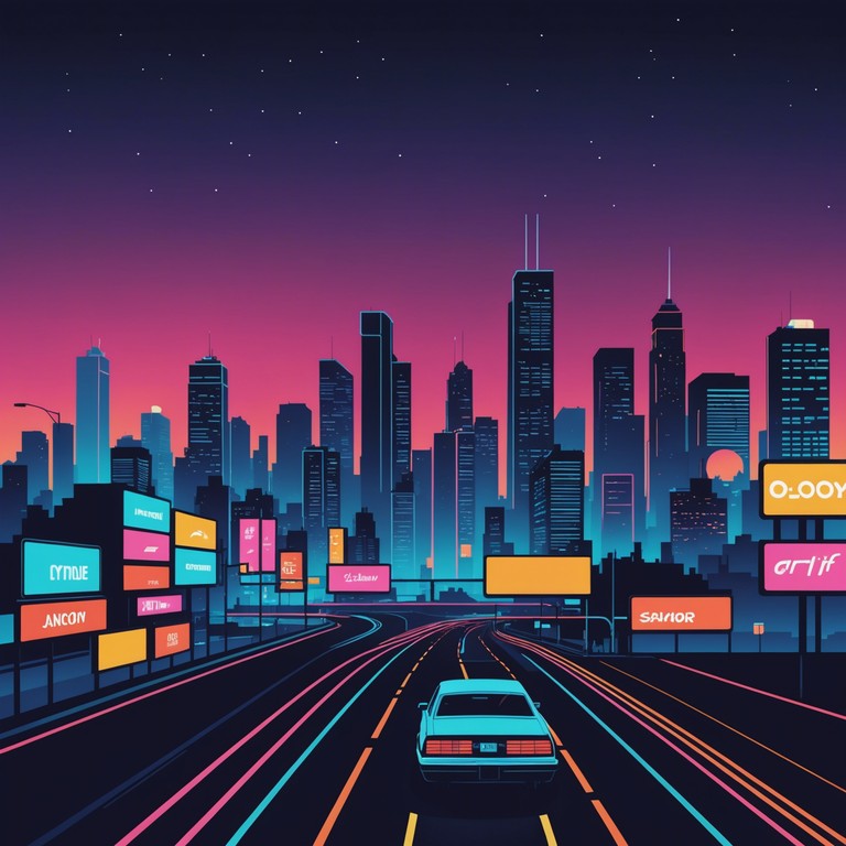 Imagine cruising through a vibrant cityscape at night, with towering neon billboards casting colorful reflections on your car. The music is driven by pulsating synth rhythms that capture the essence of an energetic night in a futuristic metropolis. It's a soundscape filled with hope and excitement, painted in broad electronic strokes.