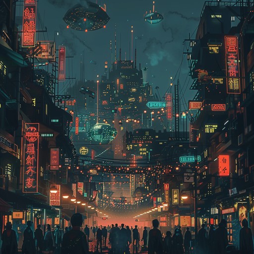 This track evokes a journey through a cyberpunk cityscape at night, where neon lights flicker in perpetual darkness. Ethereal synthesizer tones blend with deep bass to create a mood of intrigue and technological mystery. This composition mimics the isolation among the futuristic urban sprawl, highlighting the contrast between advanced technology and human emotion.