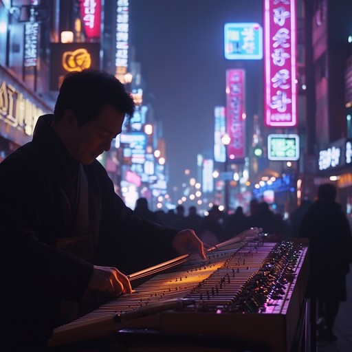 This track blends the electrifying energy of modern k pop with traditional korean instruments, creating a unique, high energy sound tableau. Expect bold, contemporary beats paired expertly with the melodious strings of the gayageum, evoking a journey through seoul's vibrant nightlife juxtaposed with its rich heritage.