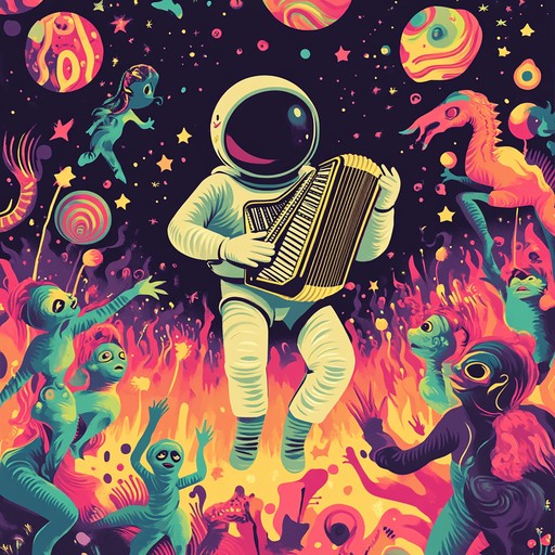 This piece merges traditional polka rhythms with futuristic, space themed accents using synthesizers and sound effects. It's a playful journey through an interstellar carnival, filled with light hearted and quirky melodies that keep the listener engaged and amused. The accordion takes center stage, supported by electronic beats and cosmic ambient textures.