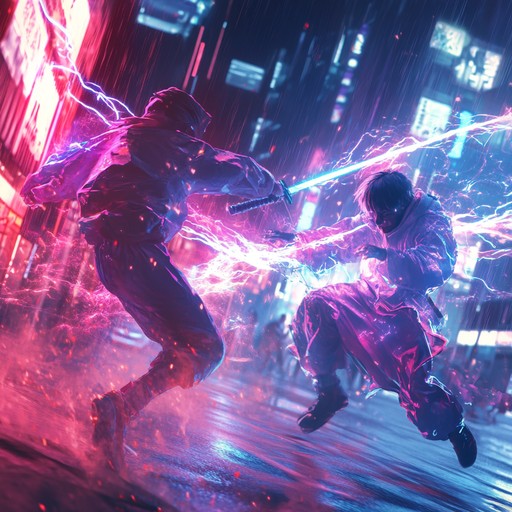 An energetic instrumental track filled with pulsating electronic beats, catchy melodies, and dynamic breaks, perfect for high octane anime battle scenes. Electric guitar solos add an epic flair while the synths build an atmosphere of intense excitement. This track drives forward with relentless energy, evoking the thrill of the fight and the determination of the heroes.