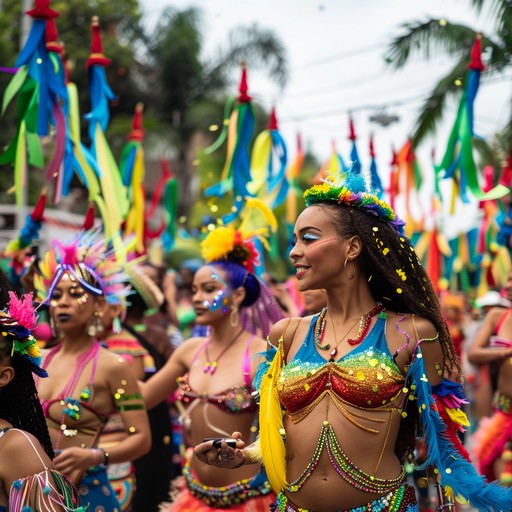 Feel the vibrancy of a joyful carnival through lively bossa nova rhythms. Embrace the energetic strumming of the guitar, paired with festive percussions, recreating the sounds of a sunlit brazilian celebration on a lively beach.