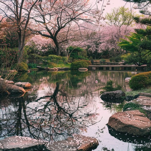 An instrumental jpop piece evoking the tranquility of cherry blossoms in a garden, combining soft rhythms and koto melodies to create a soothing auditory escape