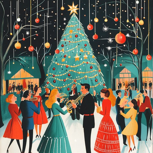 A vibrant retro swing piece evoking spirited holiday festivals with its nostalgic brass, upbeat tempo, and rhythmic piano layers. Saxophone prominence brings lively energy, reminiscent of cherished festive parties from past eras.