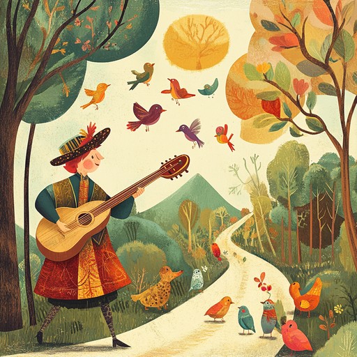 An instrumental piece that weaves a light hearted and whimsical melody, evoking the image of a wandering troubadour spinning tales of mirth and wonder as he journeys through enchanted forests and quaint villages. The song features lively rhythms and playful harmonies that capture the carefree spirit of exploration.