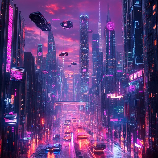 A fusion of rhythmic funk basslines and shimmering cyberpunk synthesizers creating a high energy, futuristic dance track perfect for neon lit cityscapes and night drives.