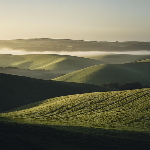 The bright, optimistic tones of celtic traditional music weave a tapestry of hope, illuminating the serene landscape of rolling hills at dawn, evoking an age old sense of renewal and beginnings