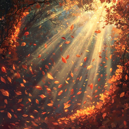 An enchanting cinematic orchestral composition capturing the whimsical dance of colorful autumn leaves swirling through a mystical forest, filled with playful melodies and rich harmonies that inspire wonder and joy.