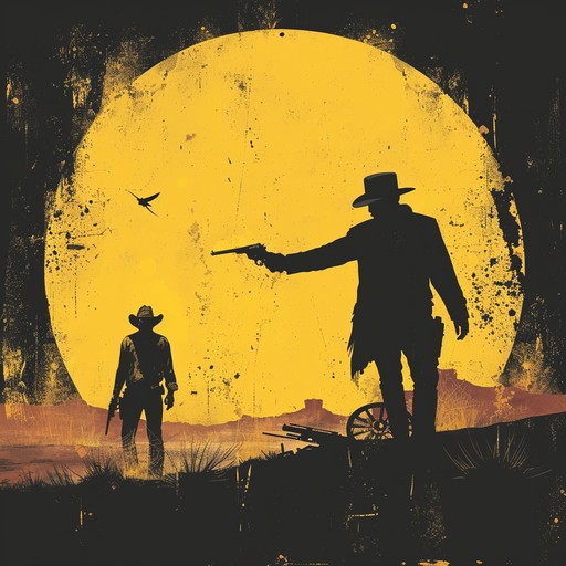 Picture a dusty, deserted town square, tumbleweeds blowing through as two gunslingers face off, hands poised over their holsters. The music builds suspense with a slow, ominous intro featuring twangy guitar and haunting harmonica. Suddenly the tempo picks up with galloping drums and urgent fiddle as the duel begins, building to a frantic crescendo.