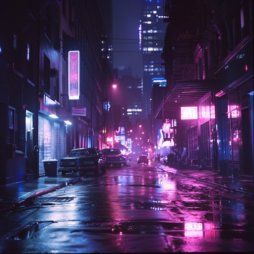 A haunting journey through city streets at night, blending sinister synthesizers with pulsating basslines. The echo of footsteps and distant sirens set a tense atmosphere, reaching a dramatic crescendo with shimmering melodies and sharp percussive rhythms, painting an ominous yet captivating sonic picture.