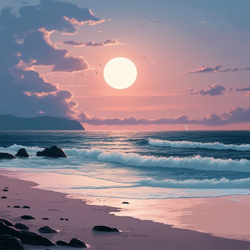 Create a relaxing ambiance with gentle acoustic strums and chilled beats, reflecting the serene and tranquil mood of a peaceful sunset over the ocean