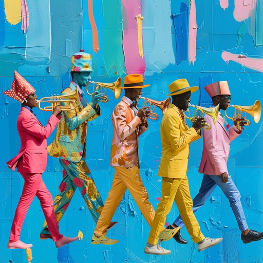 A jubilant brass ensemble celebrates colorful, whimsical triumphs with bursts of quirky melodies and playful rhythmic twists. This track evokes the feeling of an outlandish, delightful victory parade, filled with colorful characters and joyful eccentricity