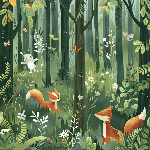 A whimsical orchestral track capturing the lighthearted movements of woodland creatures as they go about their day. This cinematic piece includes lively string sections, fluttering woodwinds, and a gentle yet vibrant percussion backdrop to illustrate a whimsical forest filled with playful energy