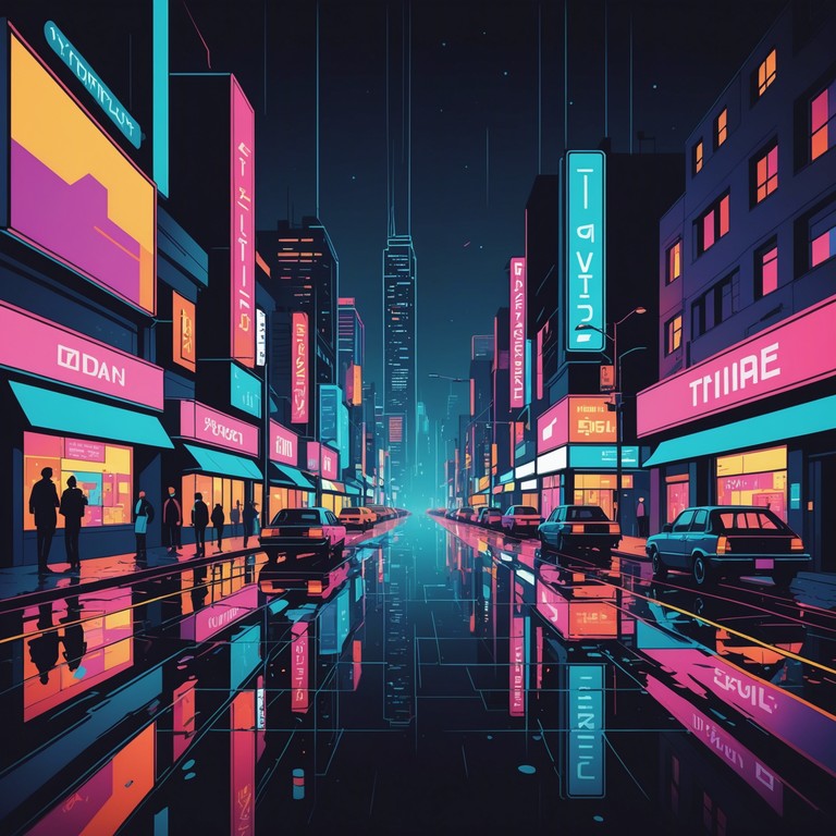 Imagine a track that encapsulates the essence of a dramatic night under the city's neon lights. The music features a deep, groovy bassline that melds seamlessly with spaced out synth textures, offering a feeling of late night urban exploration. The piece progresses through moments of high tension, accentuated by sporadic, piercing lead synths, portraying the unpredictability of a nocturnal cityscape.