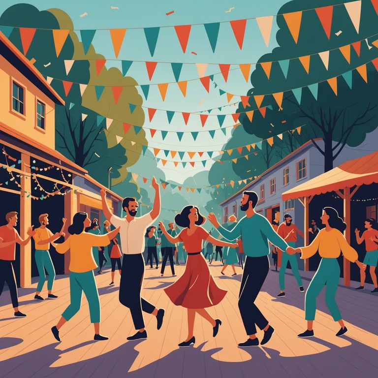 The track evokes the feeling of a joyful, traditional festival in a rural village, where everyone is dancing and enjoying the seasonal festivities under a clear blue sky.