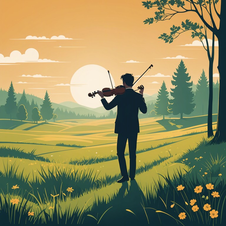 In this track, the traditional sounds of bluegrass blend with a dramatic string arrangement, evoking images of a scenic, sunlit meadow that conceals a deeper emotional story. Delicate plucking of strings sets a narrative tone, building up to vibrant violin solos that express both turmoil and serenity, capturing the complex emotions tied to rural landscapes and personal reflection.