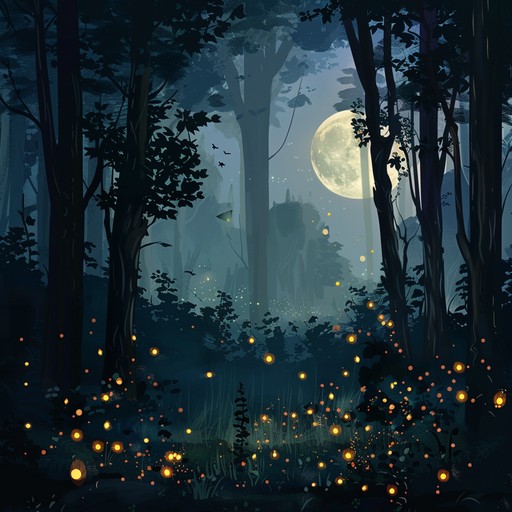 A whimsical, enchanting jingle with ethereal synth tones that transport listeners to a mystical forest night, filled with glistening fireflies, whispering trees, and a faint moonlight glow. The melody elegantly weaves through the serene ambiance, creating a soothing yet captivating auditory experience.