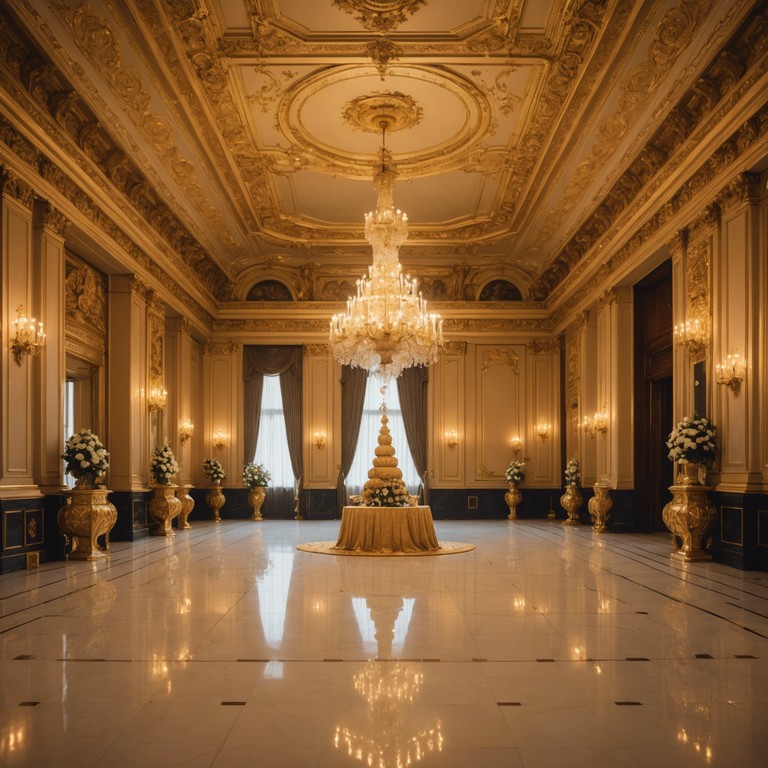 Imagine a grand ballroom filled with nobility, the air vibrant with fast paced, complex harpsichord melodies that echo the height of baroque musical artistry, designed to reflect the opulence and vibrancy of a festive celebration in a royal palace.