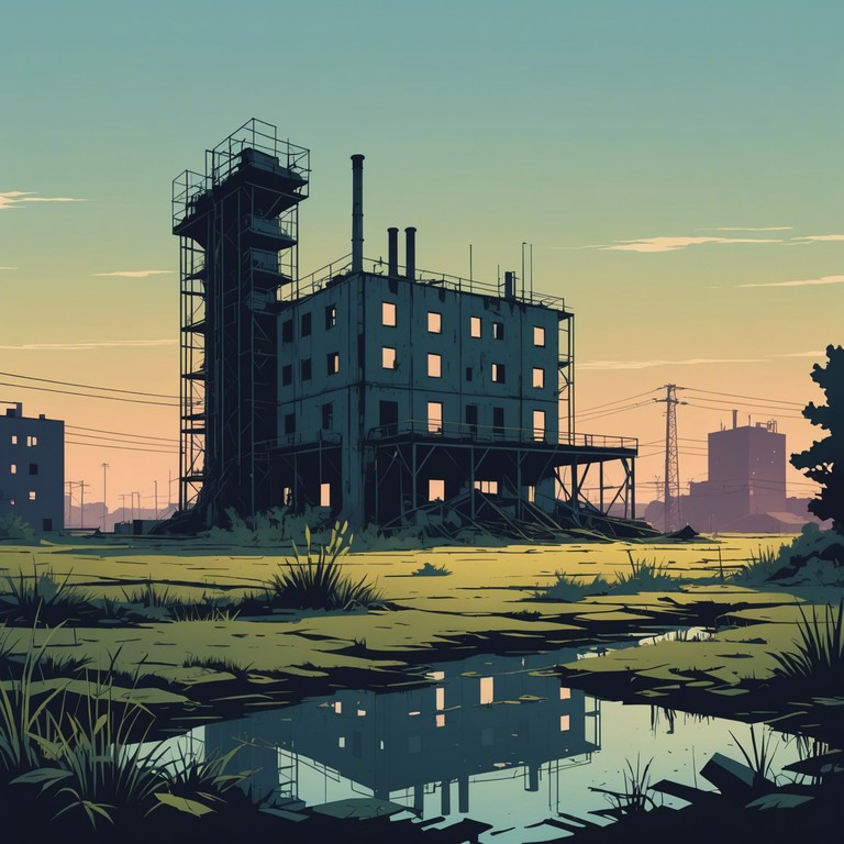 As the echoes of power and progress fade into serene desolation, soft, eerie melodies play over the relentless rhythm of past industrial activities. Shadows of machinery silhouette against a backdrop of forgotten prosperity, creating a poignant reminder of impermanence