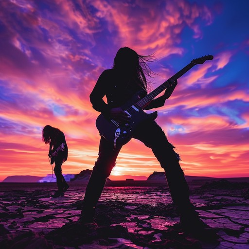 An enchanting fusion where middle eastern musical elements meet hard rock, evoking images of a storm brewing over a vast, mystical desert. Intense electric guitar work over steady, pounding drum patterns.