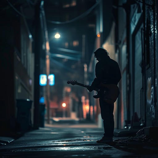 Deep, gritty blues guitar riffs intertwined with brooding, edgy soundscapes, creating an electrifying atmosphere reminiscent of late night city streets. The rough textures and raw energy evoke feelings of rebellion and melancholy, perfect for a moody night drive.