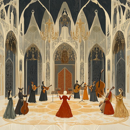 An instrumental masterpiece for a grand medieval ball, with intricate lute performances complemented by powerful orchestral strings, transporting listeners to ancient courts of nobility and love.