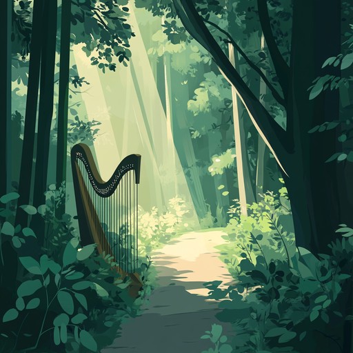 A soothing instrumental track fusing traditional celtic harp and flute melodies with ambient chillout beats, evoking the tranquil feeling of wandering through an enchanting forest pathway bathed in soft light.