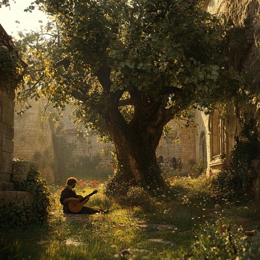 A serene and romantic instrumental capturing the gentle whispers of troubadours in a peaceful medieval garden, with delicate acoustic guitar and flute melodies creating an enchanting atmosphere.