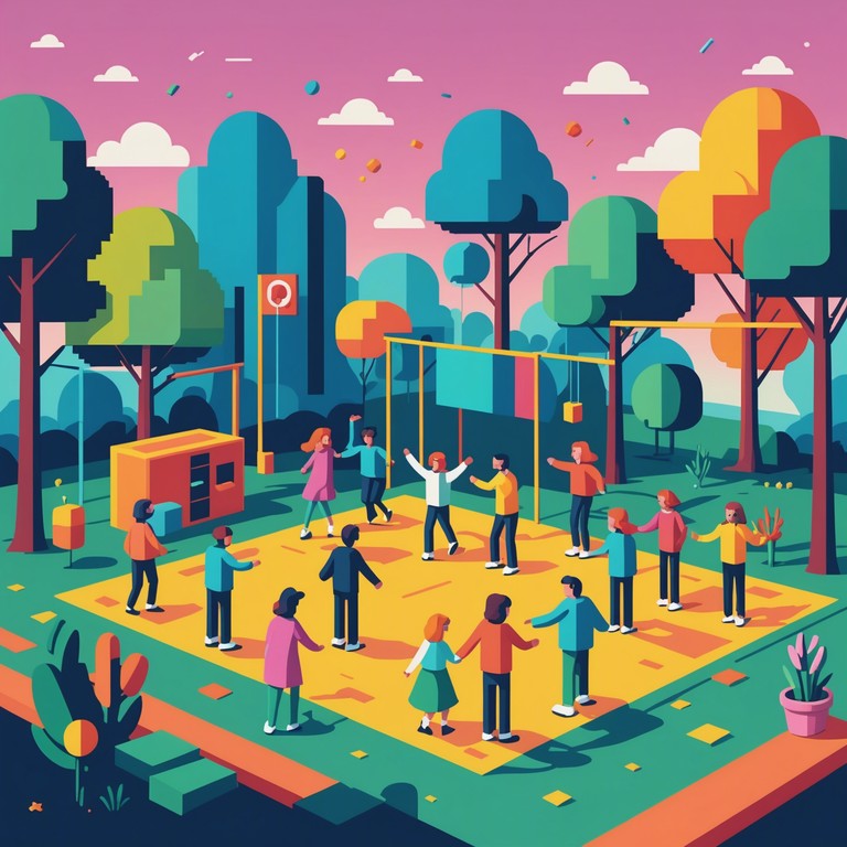 A vibrant toytronica track evoking images of a digital playground where pixelated characters come to life in a colorful parade of fun and games. The music box adds a nostalgic twist to the modern electronic landscape, perfect for a joyful listening experience.