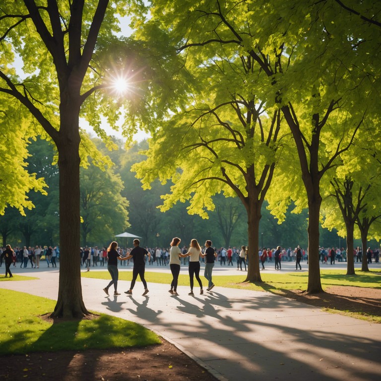 Imagine a scene where the sun shines brightly over a lively park, children laughing and couples dancing to the energetic, upbeat swing beats produced by a lively saxophone. This music infuses joy and movement, enhancing the mood of a perfect, carefree summer day.