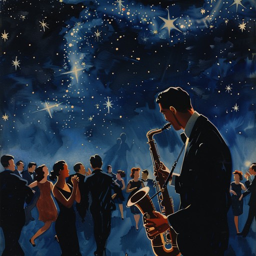 Evoking the romantic ambiance of an evening under the stars, this big band swing tune enchants with lively saxophone melodies perfect for a graceful dance