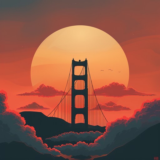 Capture the essence of a sunset over san francisco's iconic golden gate bridge with gentle instrumental layers that provide a feeling of warmth and nostalgia. This composition should use natural sound integration to enhance the emotional impact, mimicking the tranquil movement of the water and the bustling city in the background.