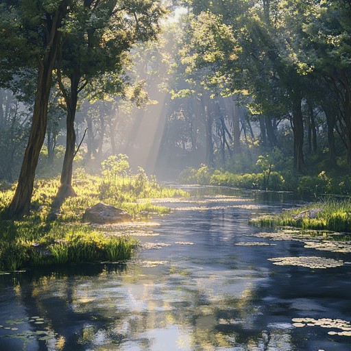 Imagine a serene stream quietly flowing through a tranquil forest, with sunlight filtering through the leaves and casting dappled reflections on the water's surface. This composition captures the essence of peace and nature's untouched beauty, using minimal instrumentation to enhance the feeling of calm and tranquility.