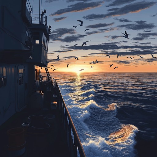 Compose a contemplative track featuring soothing waves against the ship and rhythmic accordion, evoking the quietude and peacefulness of an evening at sea